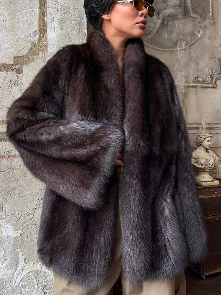 Women Warm Faux Fur Cardigan Coat Chic Fluffy Vneck Street Long Sleeve Loose Jackets Casual 2025 Winter Lady Outerwears 251029