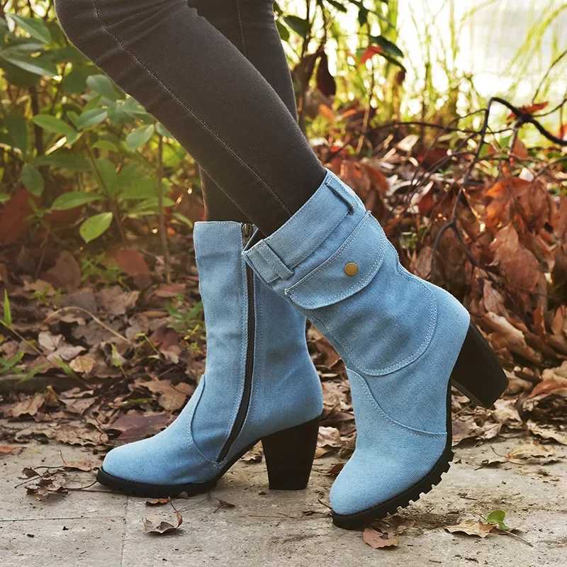 Cowboy Womens Boots 2024 Autumn and Winter New Pointed Denim Style Casual Temperament High Heels Single Shoes Zapatos De Mujer Z251029
