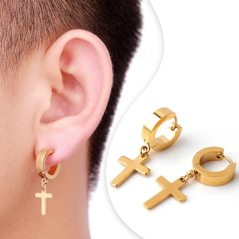 2pc Stainless Steel Men Cross Stars Punk Dangle Earrings Gothic Woman Cross Ear Hoop Earrings Pendant Piercing Jewelry 251013
