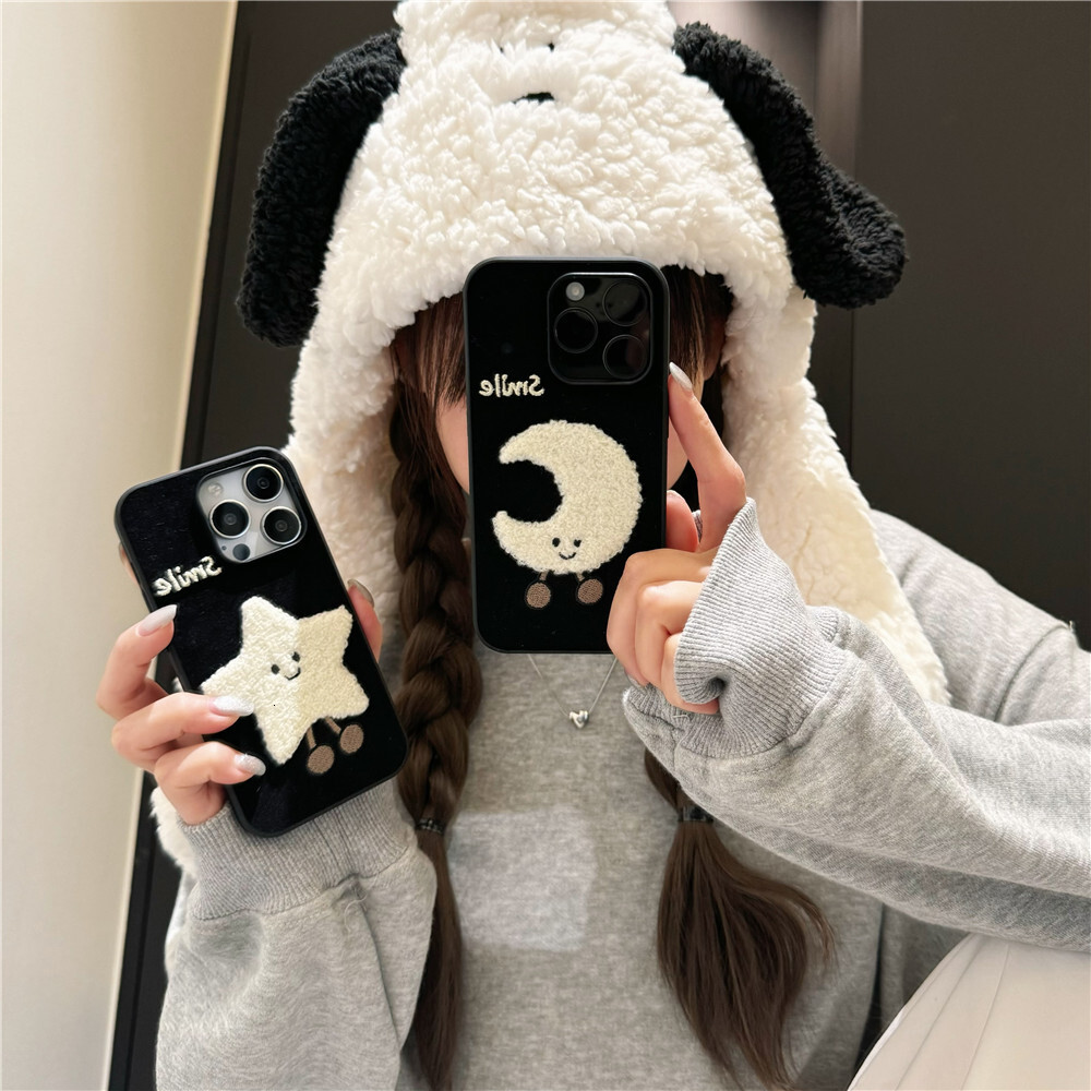 Niche Embroidered Star and Moon Phone Case Compatible with iPhone 17/16/15 Pro Cartoon Protection iPhone 14/13