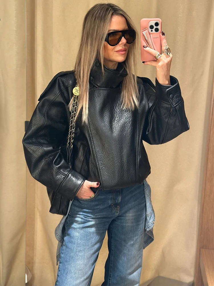 Trendix Solid Leather Moto Jacket For Women 2025 Winter Turtleneck Retro Coats Fashion Asymmetry Elegant Vintage PU Jackets 251029