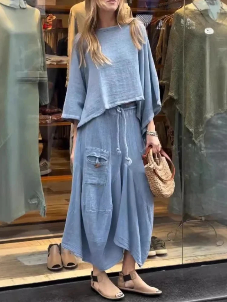 2024 Autumn Fashion Womens Cotton and Linen Loose Skirt Twopiece Set Solid Color Irregular Top Waist Pocket 251016