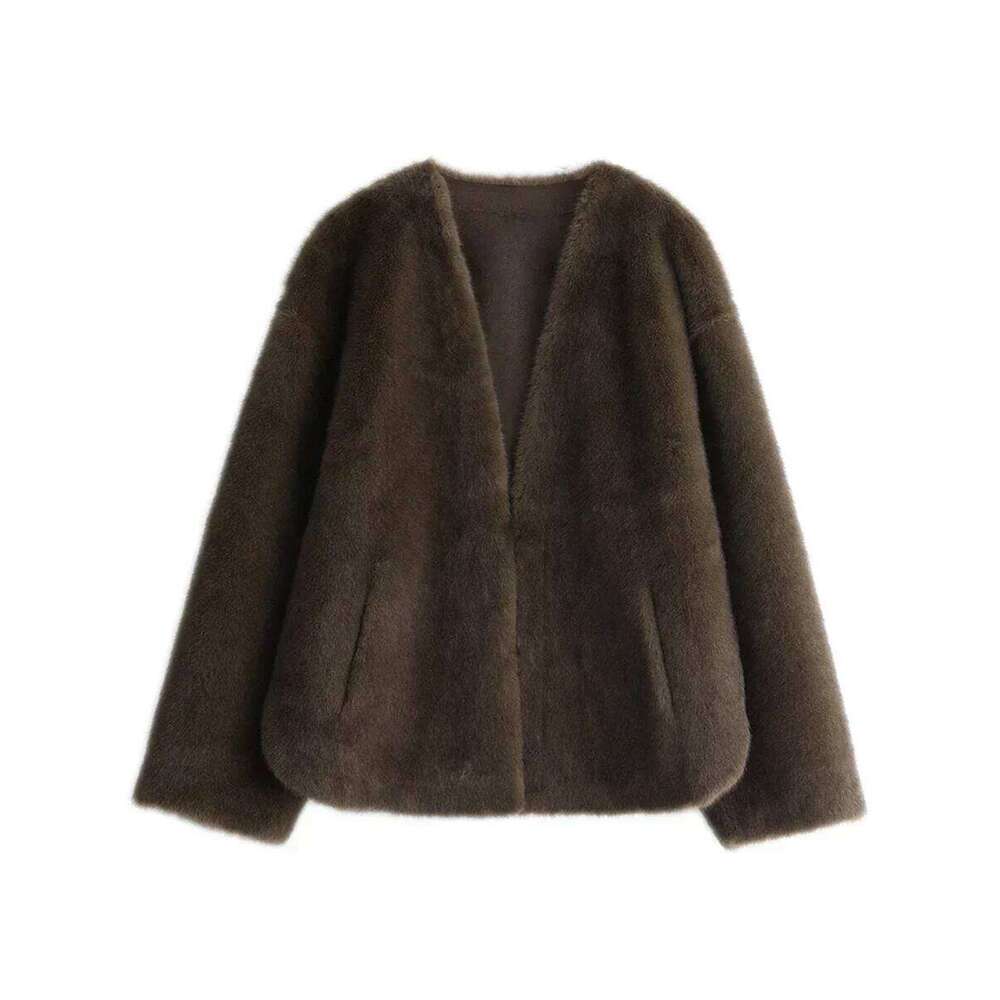 CHIC VEN Women's Jacket Loose Casual Solid Overcoat New Female Plush Coat V-Neck Woman Outerwear Autumn Winter 2023
