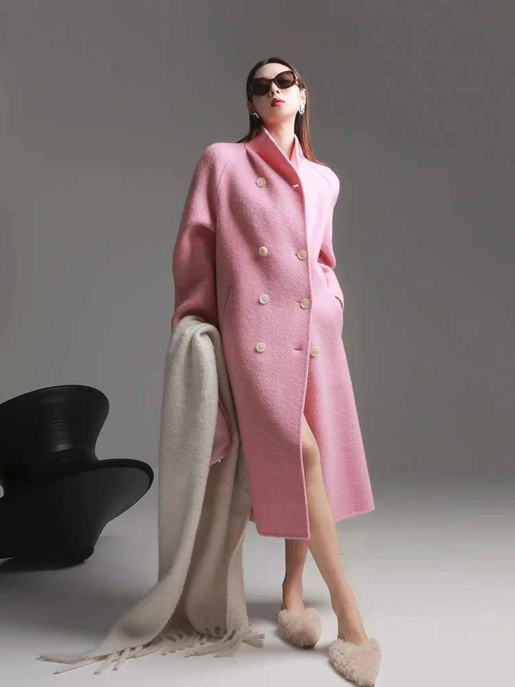 Womens Stand Collar Double Breasted Wool Coat Long Jacket Elegant Fashion Autumn Winter 251029