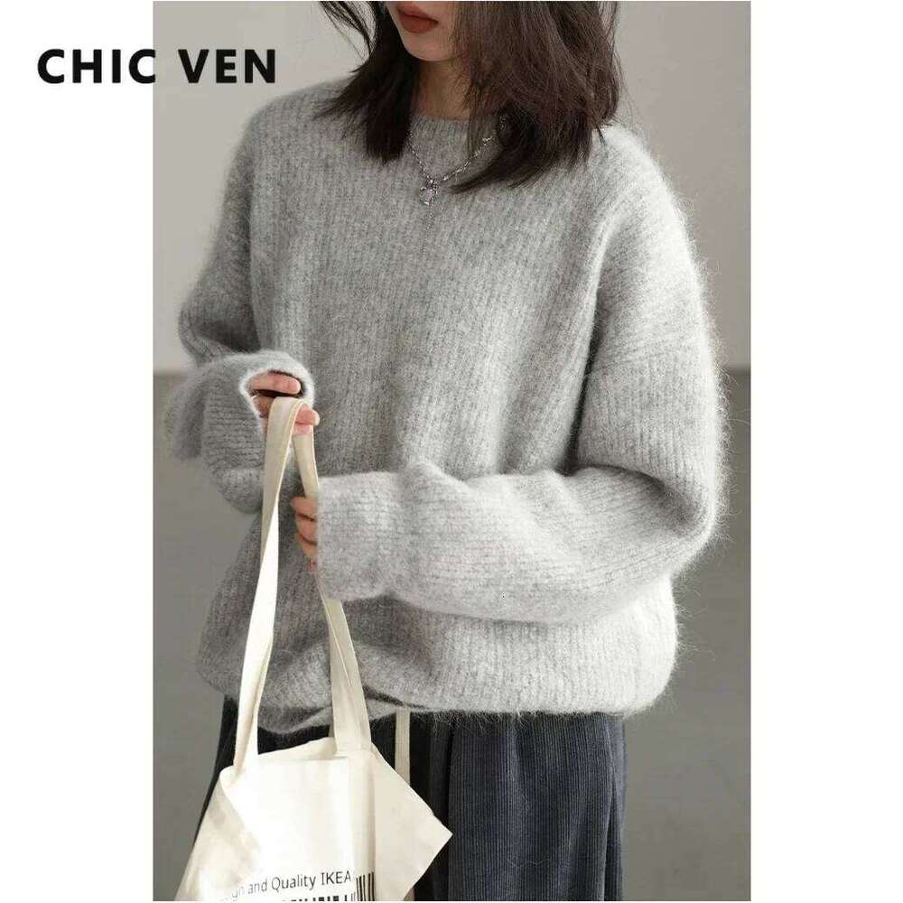 Women's Sweater Pullover Solid Loose Neck New Soft Alpaca Female Tops Woman Knitwear Jumpers Spring Autumn Soft and waxy imitation raccoon fleece