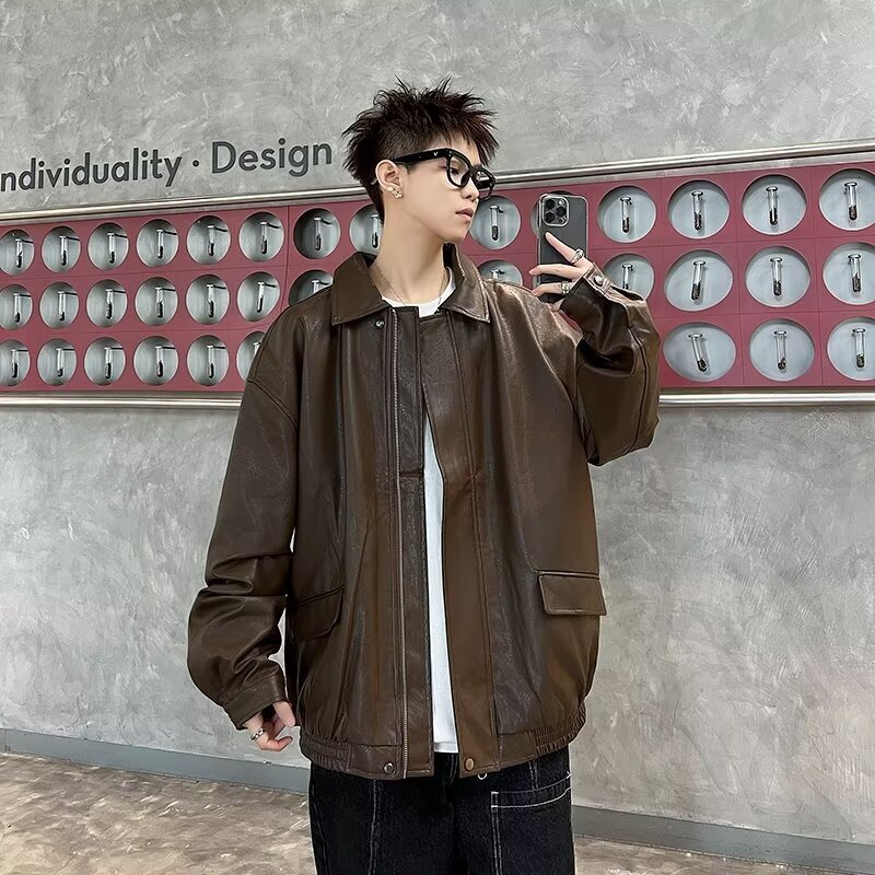 American Style Leather Jacket For Men Spring And Autumn, High-end Feel Cool And Trendy Brand Casual Designer Jacket Loose PU Leather Turn-down Collar 