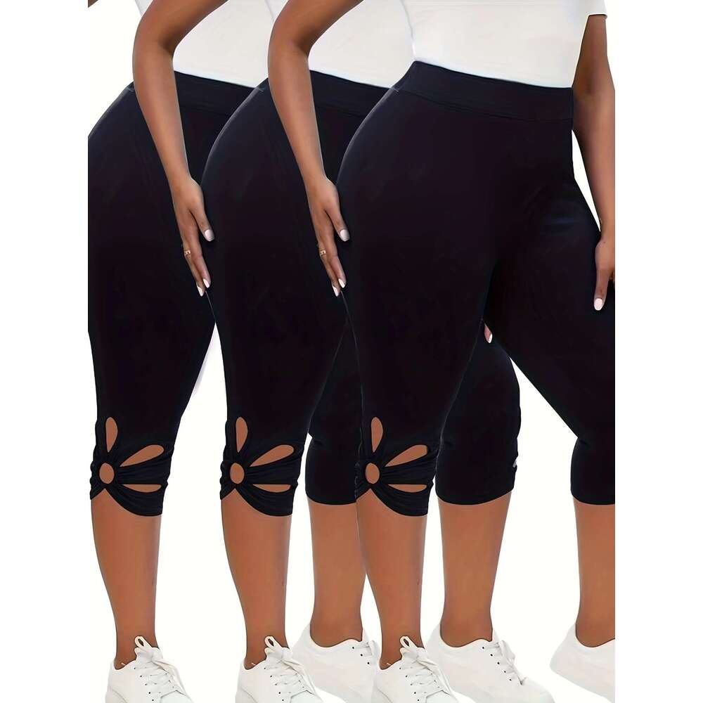Women's 3pcs High Waist Capri Leggings - Slimming, Stretchy Activewear with Cutout Detail, Plus Size Yoga Pants