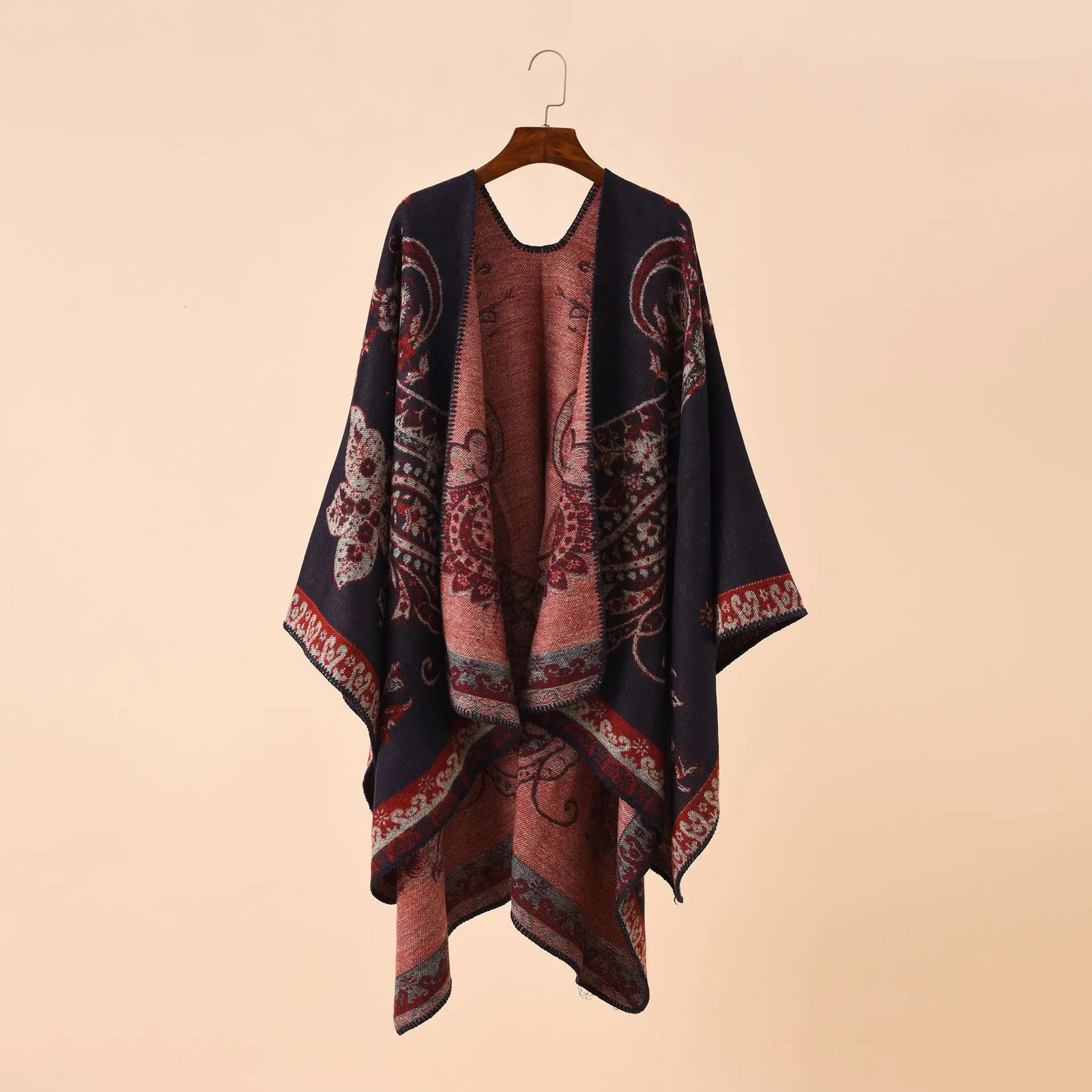 2025 Autumn Winter Street Geometric Lattice Flower Pattern Cashmere Warm Shawl Cloak Women Poncho Capes Red 251029