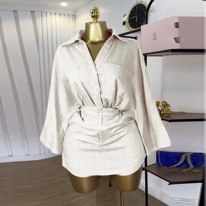 CMYAYA Fashion Womens Set Full Sleeve Turndown Collar Tshirt and Skirts Shorts Chic Two 2 Piece Sets Outfit Tracksuits 251029