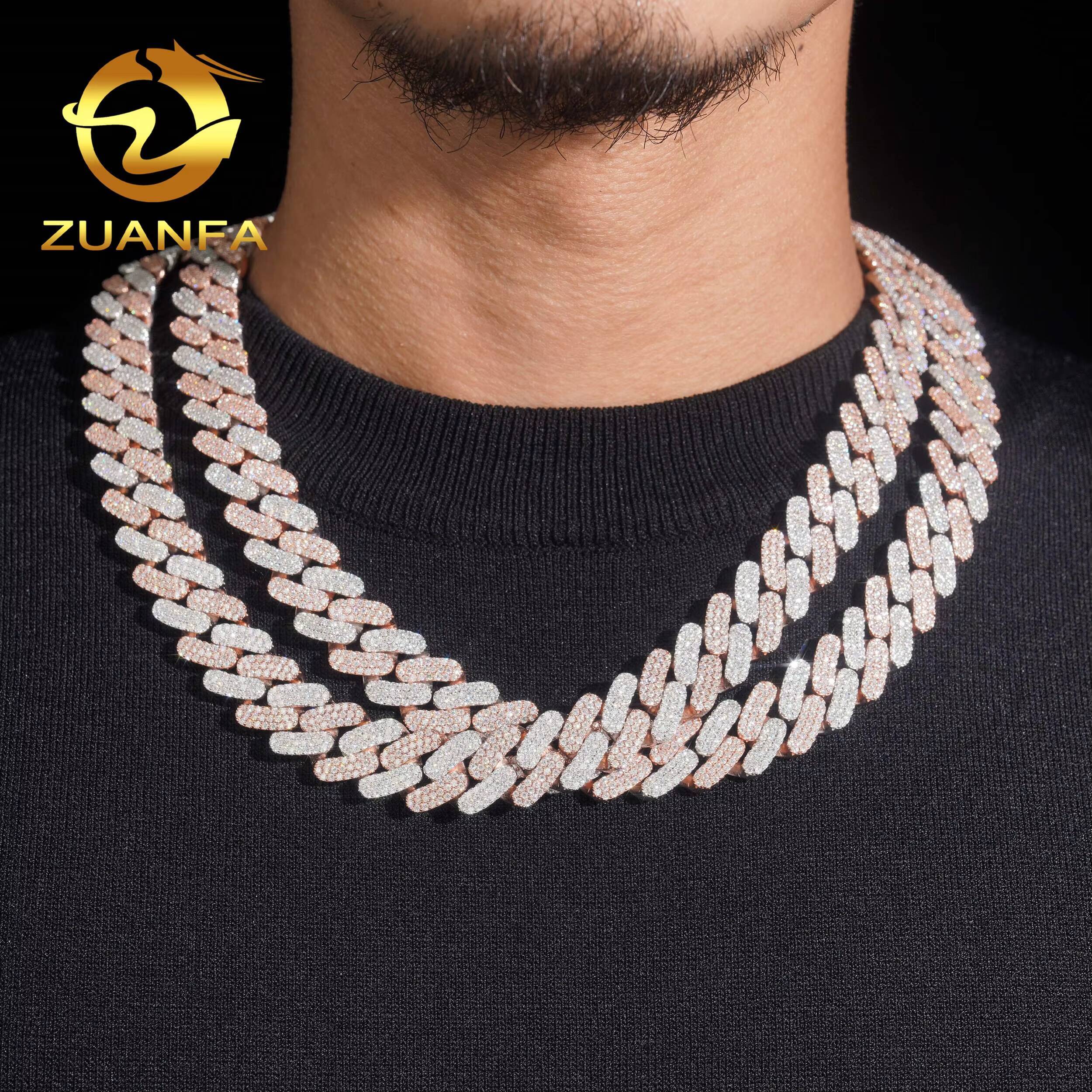 Pass Diamond Tester Iced Out Moissanite Hip Hop 16mm 3 Rows Two Tone Rose Gold 925 Sterling Silver Cuban Link Chain