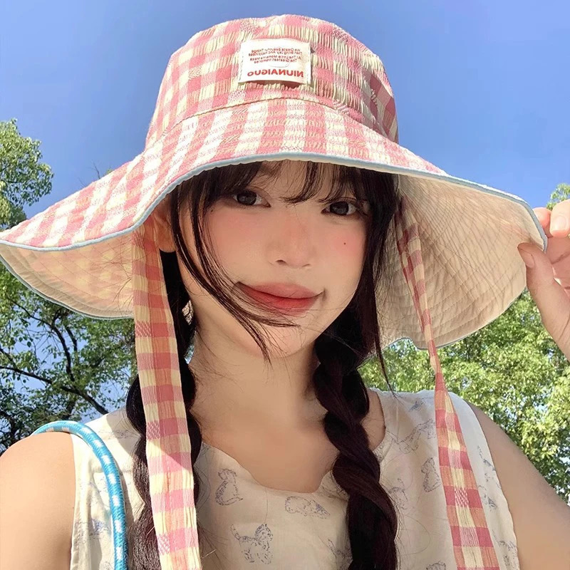 Doublesided Plaid Wideedged Laceup Bucket Hat Summer Outdoor Versatile Sunscreen Sweet Contrasting Color Plaid Womens Caps 251029