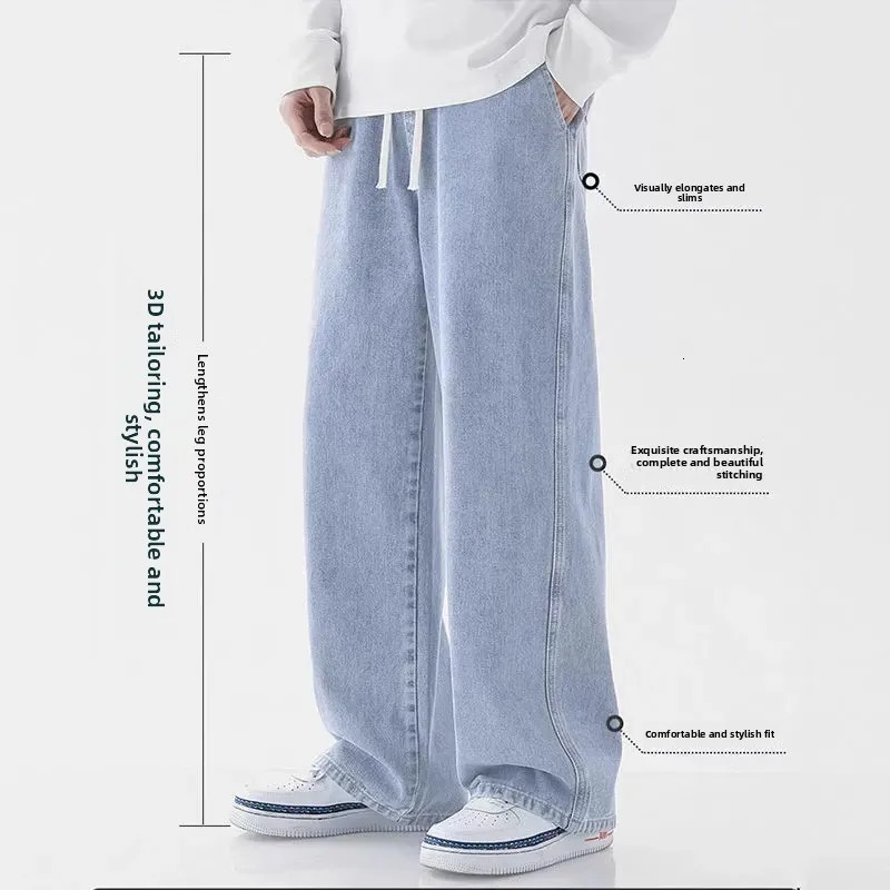 Casual Outdoor Mens Jeans Elastic Waist Loose Fit Long Pants Spring Autumn Workwear Comfortable Straight Leg Blue Denim 251029