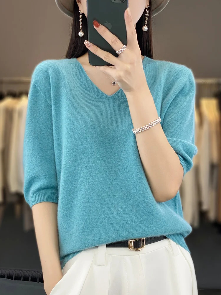 Women VNeck 100 Merino Wool Cashmere Tshirt HalfSleeve Pullover Sweater Spring Summer Knitwear Soft Fashion Comfortable Tops 251029