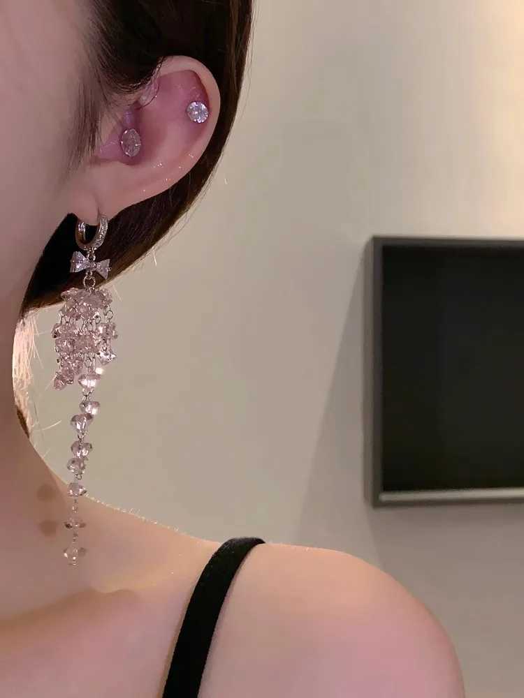 WLP Exquisite Sweet Pink Rhinestone Bow Tassel Drop Earrings for Women Vintage Korean Fashion Light Luxury Earring Party JewelryW251029
