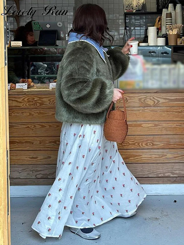 Street Faux Fur Peter Pan Collar Patchwork Women Coat Fashion Long Sleeve Button Female Jacket 2025 Autumn Winter Lady Jacket 251029