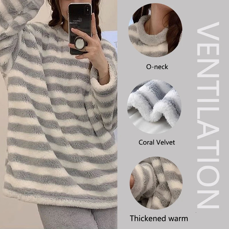 2PCSSet Padded Thickened Warm Fall Winter LongSleeved Soft Pajamas Women Coral Flannel Outside Striped Homewear Large 251029