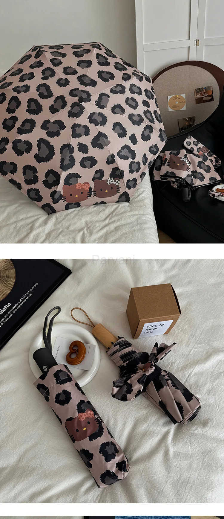 Sanrio Sanrio Hello Kitty Cartoon Sunumbrella Anime Folding Umbrella Leopard Print Windproof Fully Automatic Sun UV Protection Umbrella L251029