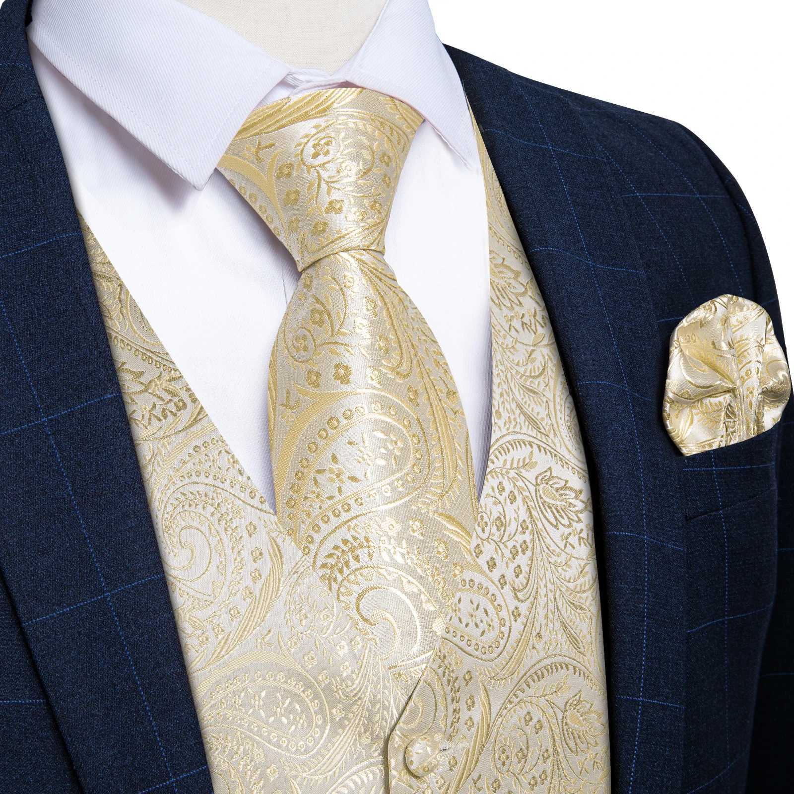 Waistcoat for Men Beige Solid Paisley Silk Suit Vest with 8cm Necktie Pocket Square Cufflinks Wedding Prom Tuxedo Sleeves Jacket W251029