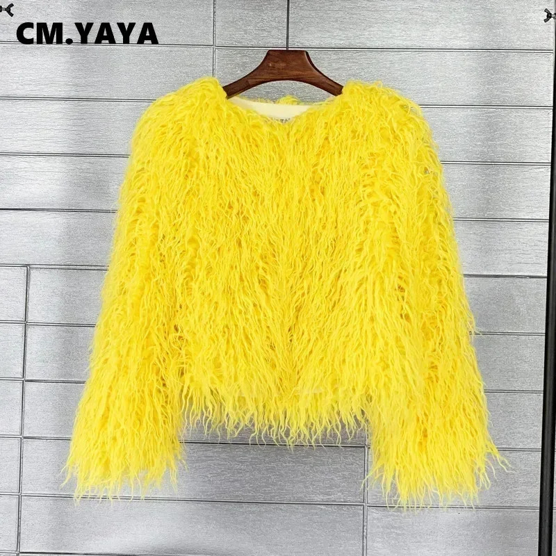 CMYAYA Solid Faux Fur Coats Women Full Sleeve Oneck Open Stitch Covered Button Fur Jackets Winter Autumn Warm Fashion 251029
