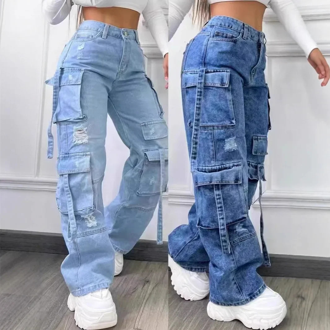 2025 Fashion Pure Color Casual Workwear Denim High Waist Multi Pocket Loose Fit Womens Jeans Versatile plus Size 251029