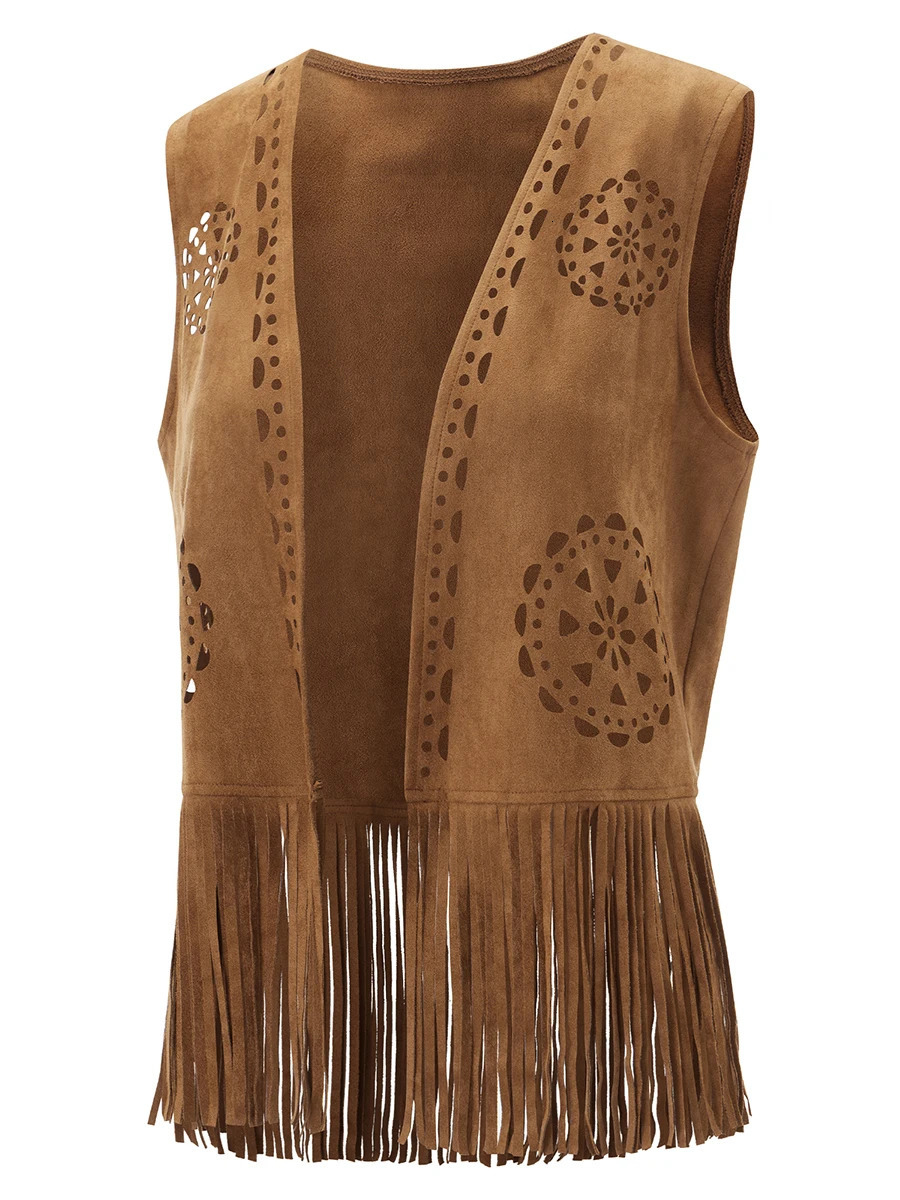 Womens Fringe Faux Suede Vest Open Front Sleeveless Tassel Cadigan Vest Coat Fashion Hop Punk Jackets 251029