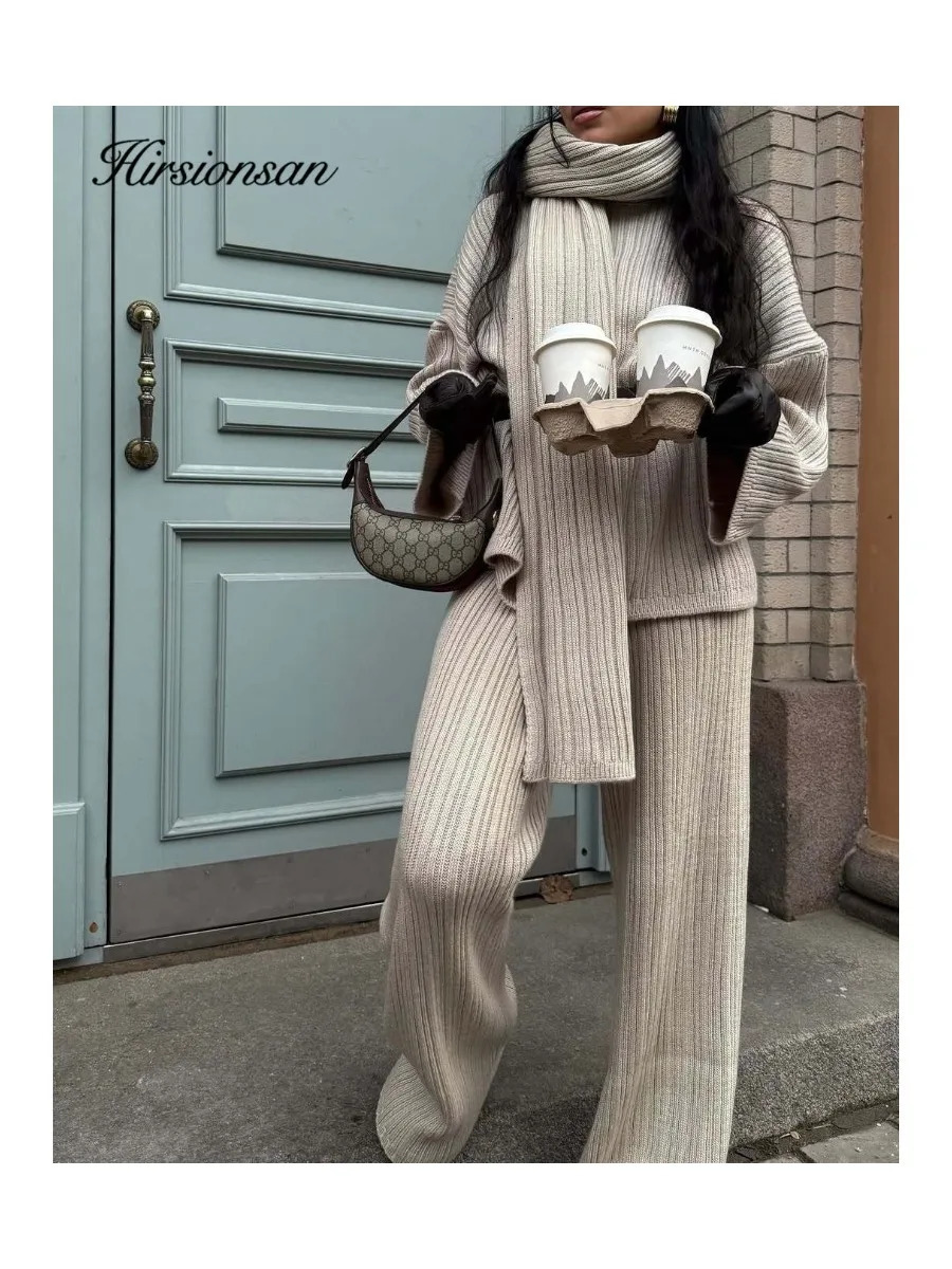 Hirsionsan Soft Elegant Vintage Women Suits 3 Pieces Female Sets O Neck Sweater Wild Leg Pants with Scarf Knitted TrackSuit 251028