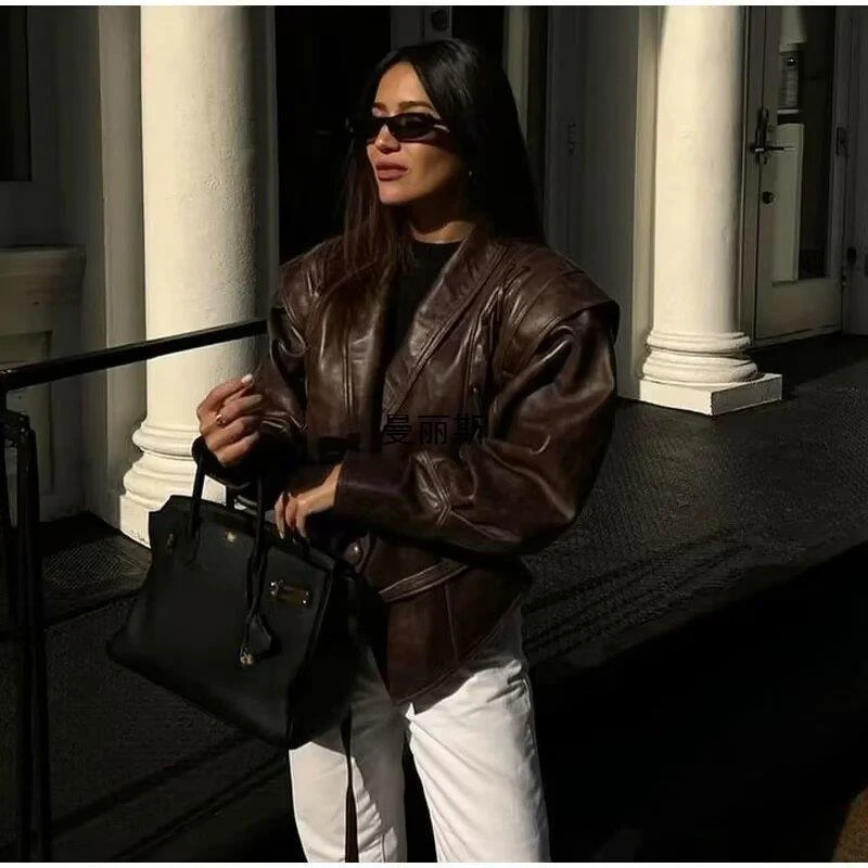 Suninheart Autumn and Winter Faux Leather Jackets for Women 2025 Dropped Shoulder Oversized Jacket Coat Belted Corset Jacket 251029