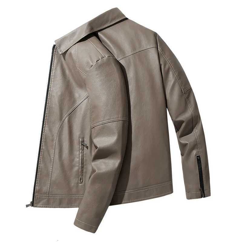 New Autumn Men Leather Coat Vintage Turn Down Collar Men Bomber Jacket Loose Long Sleeves Zipper Pocket Outerwear For MaleT251029