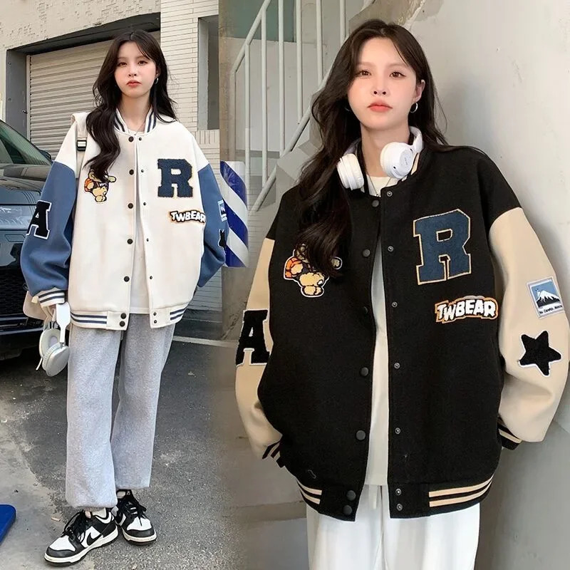 Retro Fleece Lined Baseball Jacket Womens Loose Fit Autumn Winter Style Student American Vintage Sweatshirt Jacket 251029