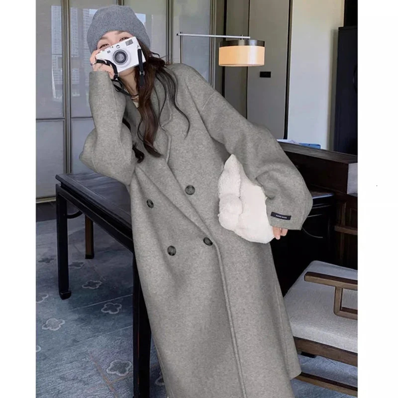 Autumn Winter Women Sweet Elegant Purple Apricot MidLong Coat Jackets Lady Chic Ins Korean Style Daily Thermal Woolen Coat 251029