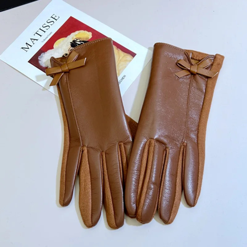 Womens Winter PU Leather Gloves Touchscreen Texting Warm Driving leather with Bow for Outdoor 251013