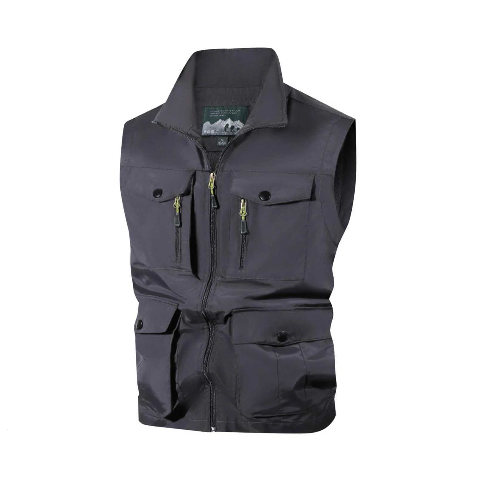 Spring And Autumn MenS Outdoor Multi Pocket Solid Color Zipper Lapel Vest Suitable For Casual Daily Wear W251029