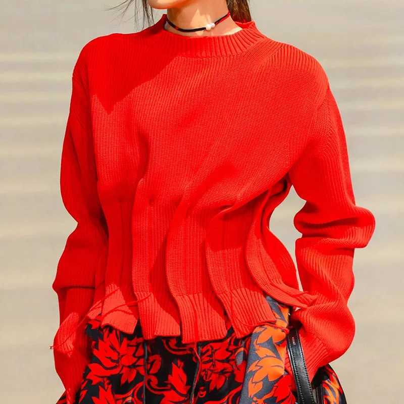 Woman Clothes Autumn Fashion O Ribbed Collar Ruched Knitted Sweaters Casual Solid Color Long Sleeve Slim Knitwear Tops Pullovers J251029