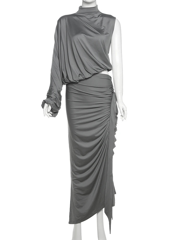 Nibber Summer Y2K Solid Style 2Piece Set Women Turtleneck Single Shoulder Sleeve TopsRuched Long Skirts Fashion Elegant Outfits 251016