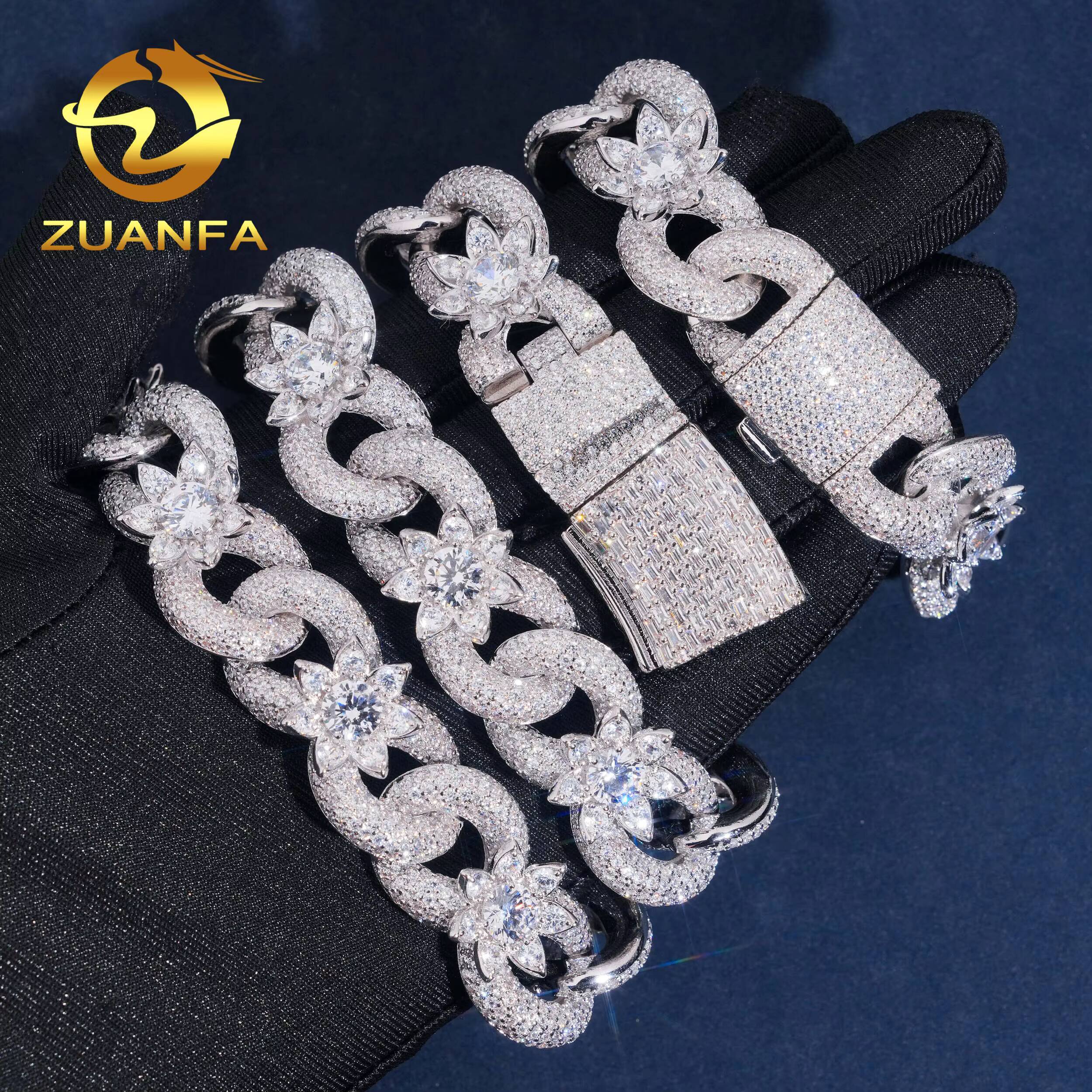 18mm Hip Hop Jewelry VVS Moissanite 925 Sliver Flower Link Chain Diamond Iced Out Infinity Miami Cuban Chain Necklace BraceletDesigner style