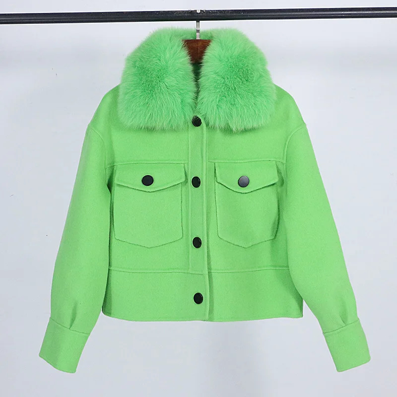 GENHUA 2025 Autumn Winter Fox Fur Collar 10 Cashmere 90 Wool Doublesided Wool Coat Womens Short Casual Loose Wool Coat 251029