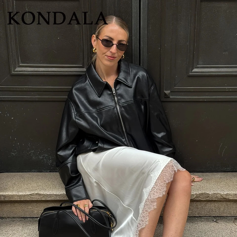 KONDALA 2025 Fall Winter Brown Business Casual Faux Leather Women Jackets Chic Vintage Spliced Zipper Christmas Ladies Jackets 251029