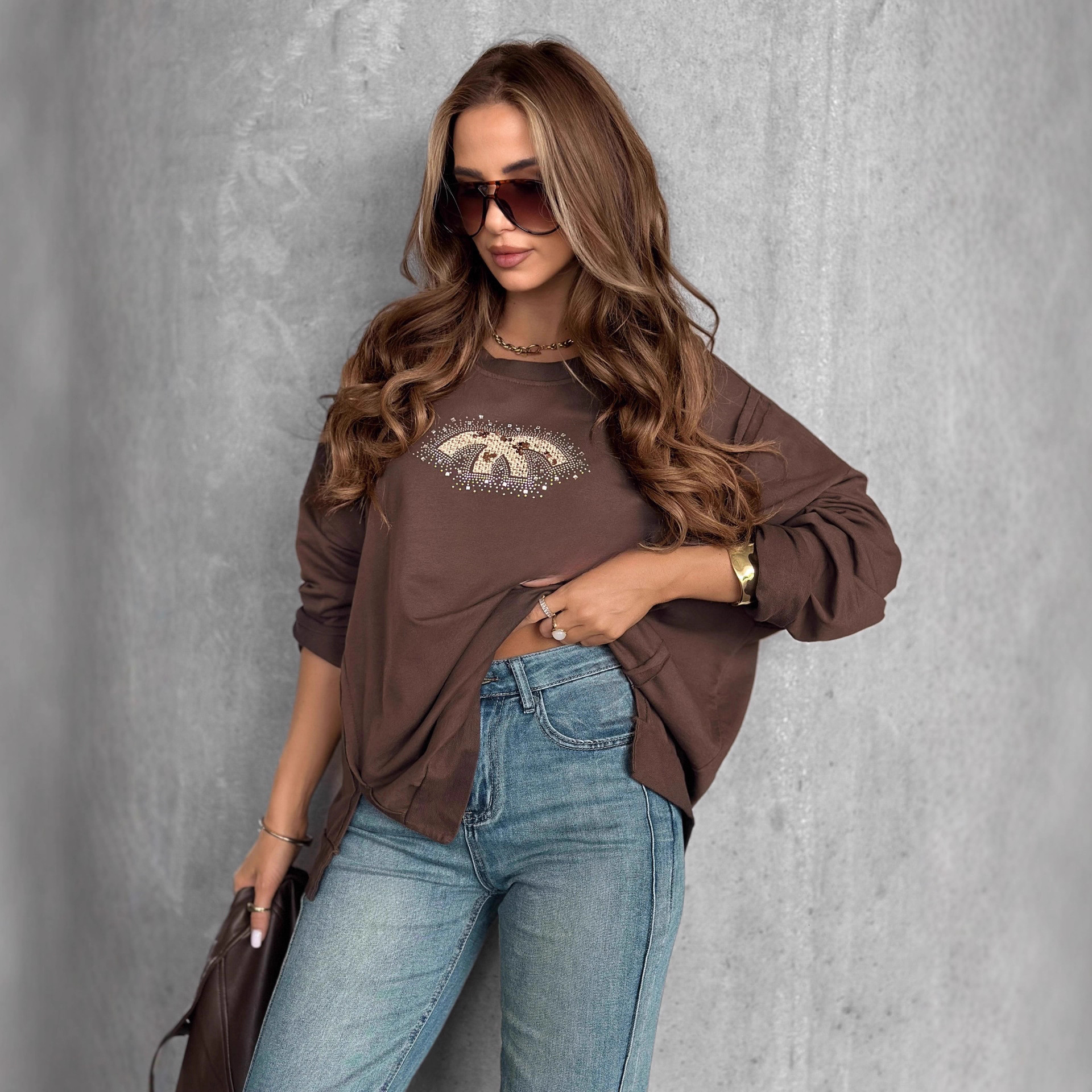European and American style designer autumn new hot selling round neck rhinestone long sleeved sportswear top