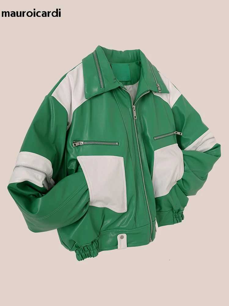 Mauroicardi Spring Autumn Oversized Green and White Patchwork Pu Leather Jacket Men with Many Zippers Luxury Designer ClothesT251029