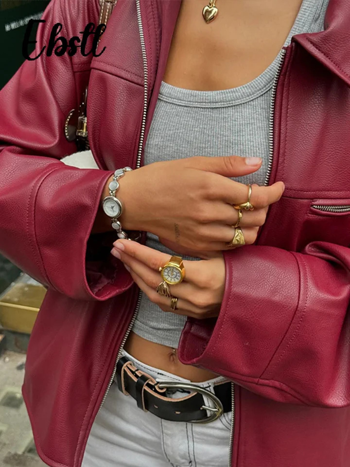 Fashion Red Wine Leather Jacket Women Loose Lapel Zippers Long Lantern Sleeve Coats 2025 Autumn Female Vintage Outwears 251029