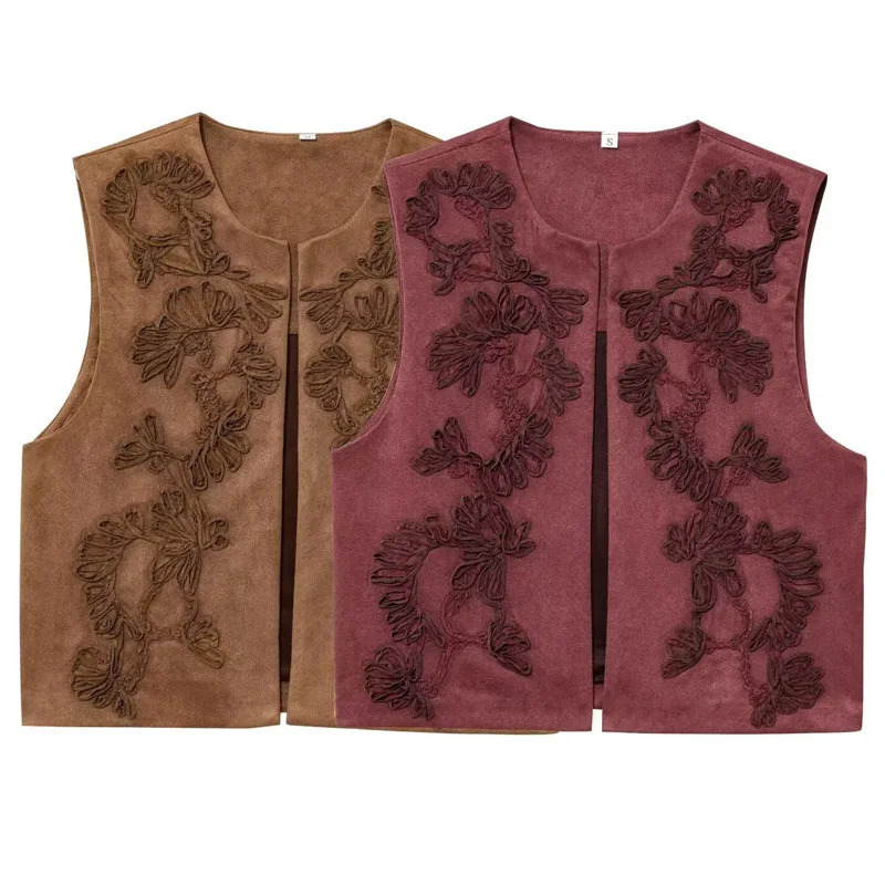 HXAO 2025 Womens Vest Crop Embroidered Vest Spring Suede Waistcoat Sleeveless Vest Cardigan Outerwear Giletes For Women 066 251029