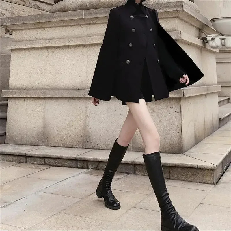 Winter black cape coat can be used with loose stand collar medium long woolen coat for women 251029