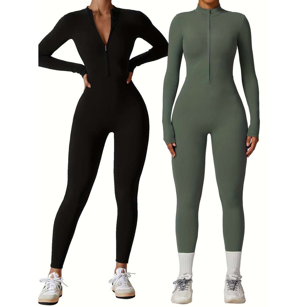 2Pcs Full-Zip Yoga Jumpsuits Full-Body Workout Bodysuits With Full-Length Zipper, High-Elasticity Full-Coverage Gym Suits For Dance, Cycling, Gymnasti