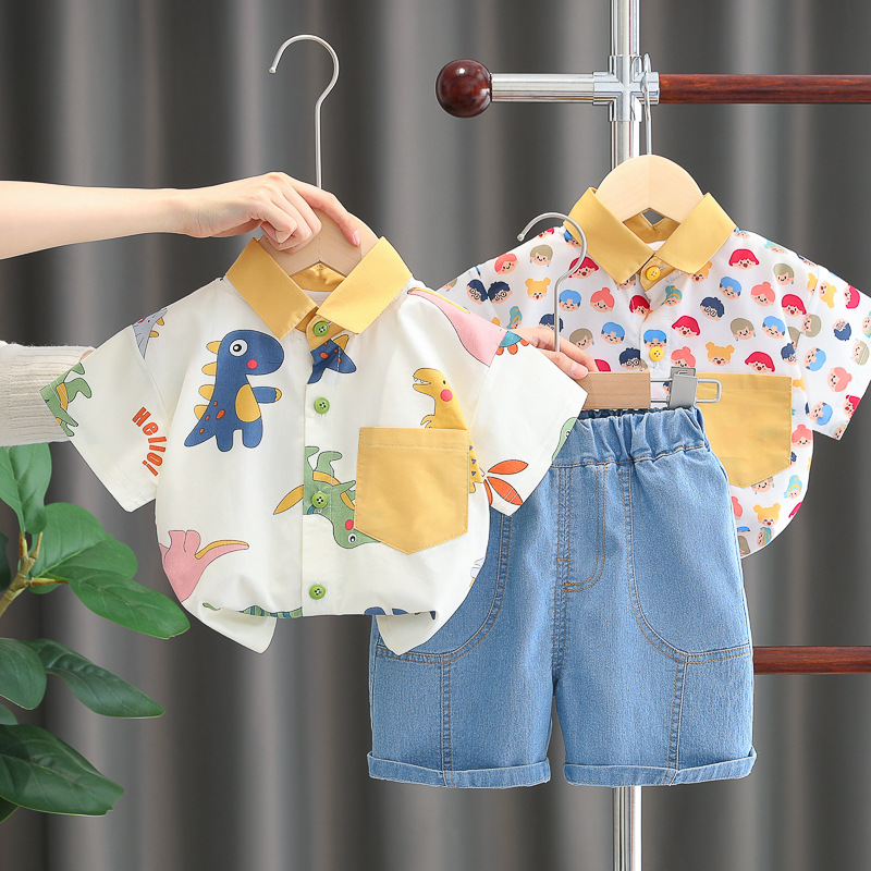 Boys Dinosaur Shirt Set, 2025 Summer Short Sleeve 2-Piece Outfit for Kids, Trendy Toddler Clothes