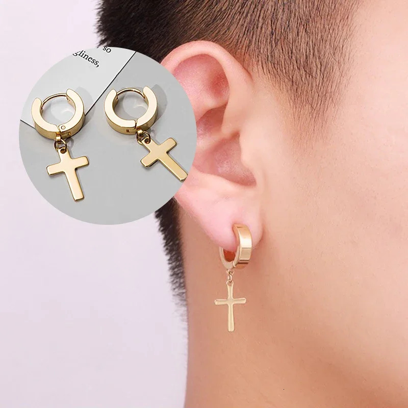 2pc Stainless Steel Men Cross Stars Punk Dangle Earrings Gothic Woman Cross Ear Hoop Earrings Pendant Piercing Jewelry 251013