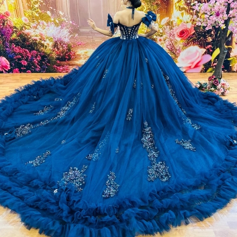 Navy Blue Shiny Ball Gown Quinceanera Dresses Off The Shoulder Applique Lace Beads Tiered Tull Party Birthday Sweet 16 Dress