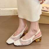 Modern Heroine Temperament Square Toe Designer Shoe Women's 2025 Spring New French Style Woven Backless Crystal Chunky Heel Non-Slip Single Shoe