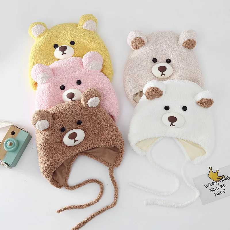 Cute Bear Baby Beanies Winter Warm Toddler Ear Protection Hat 324Month Boy Girl Plush Earmuffs Cap Coral Velvet Headgear Bonnet251028
