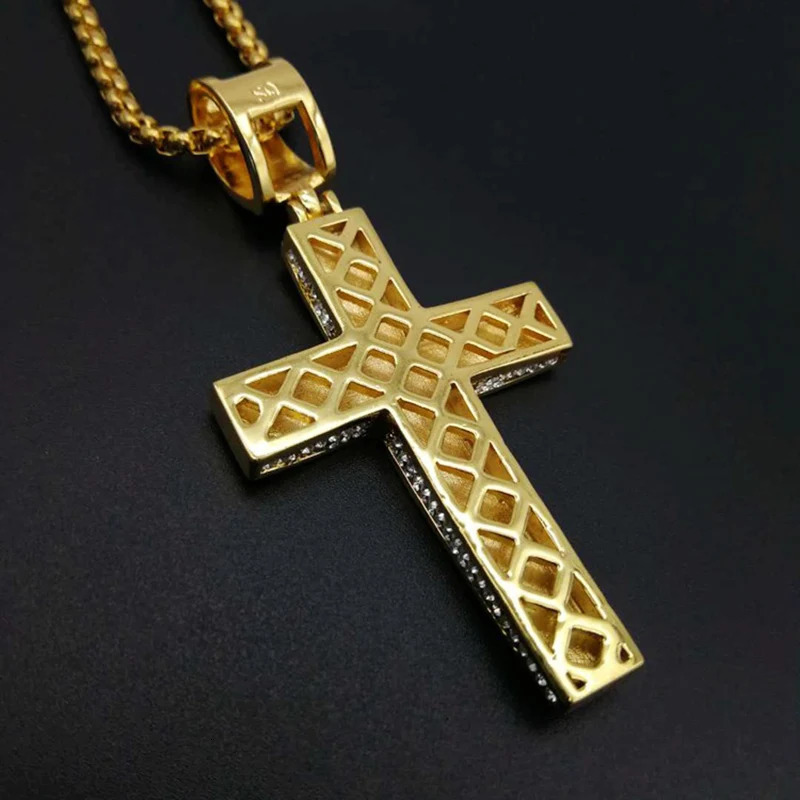 Stainless Steel Cross Pendants Necklaces Gold Color CZ Stone Paved Bling Iced Out Hip Hop Rapper Jewelry with 24 Gold Chain 251029