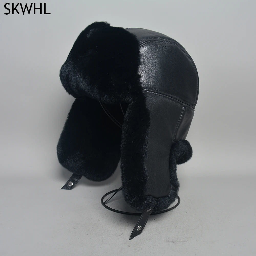 Unisex Real Rex Rabbit Fur Bomber Hat Ushanka Cap Trapper Russian Men Women Ski Hats Caps Sheepskin Leather Winter Warm 251013